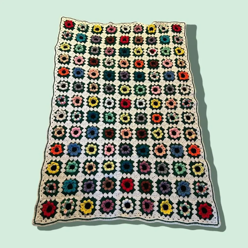 Boho Crochet Throw Blanket‎ Vintage Granny Square Afghan Cottagecore multicolor